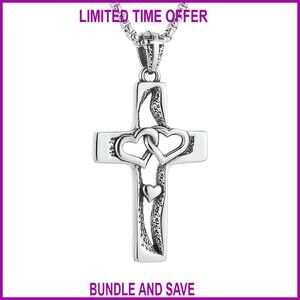 Stainless Steel Love Heart Cross Pendant Necklace 22+2 Inch Chain